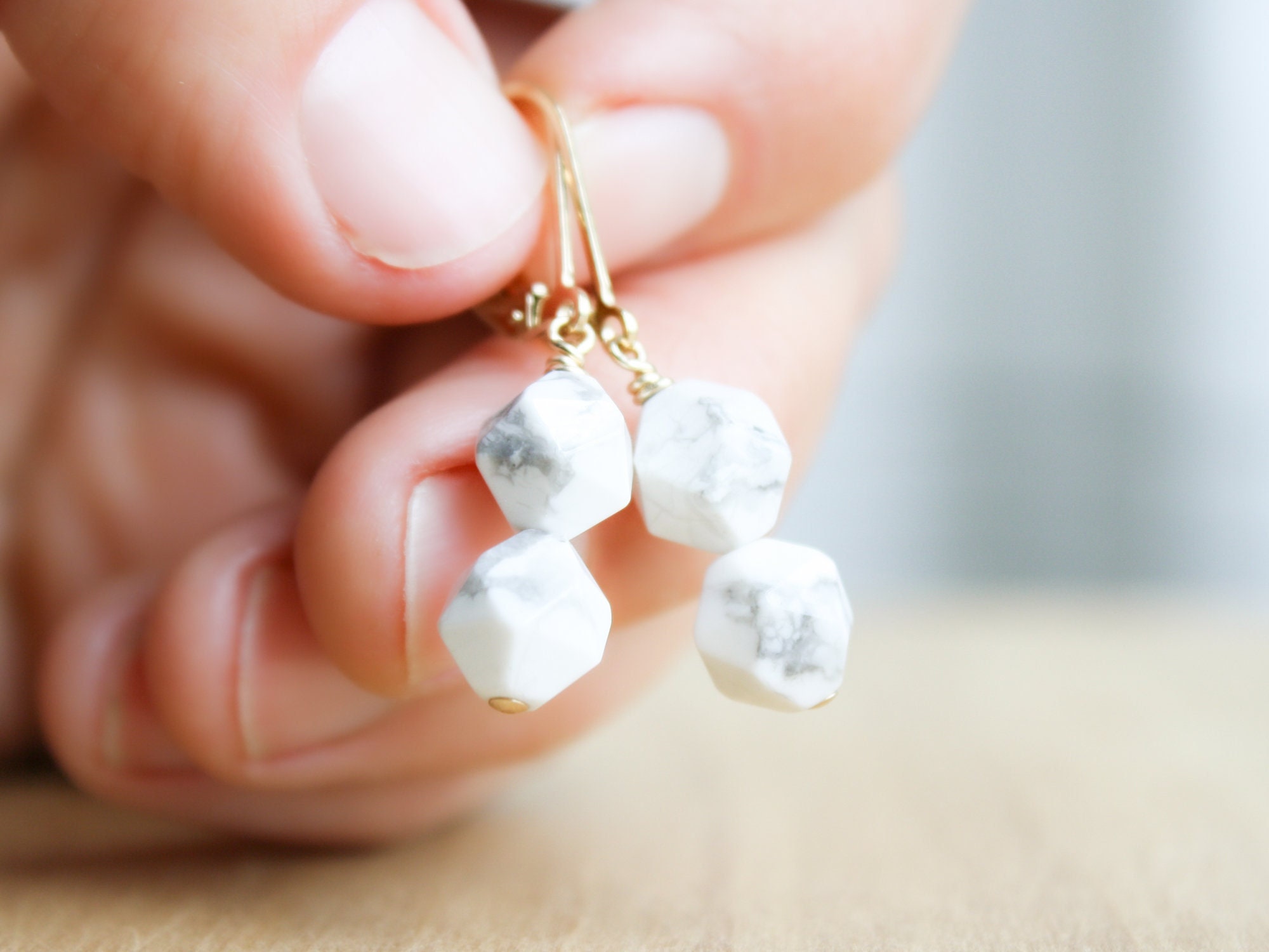 Howlite Earrings 14k Gold Fill . White Stone Earrings Handmade