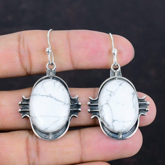 Handmade Howlite Earrings: 925 Sterling Silver Vintage Style