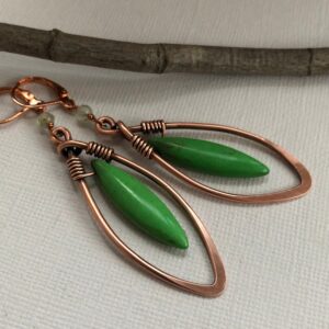 Handmade Copper Dangle Earrings: Neon Green Howlite Gemstone