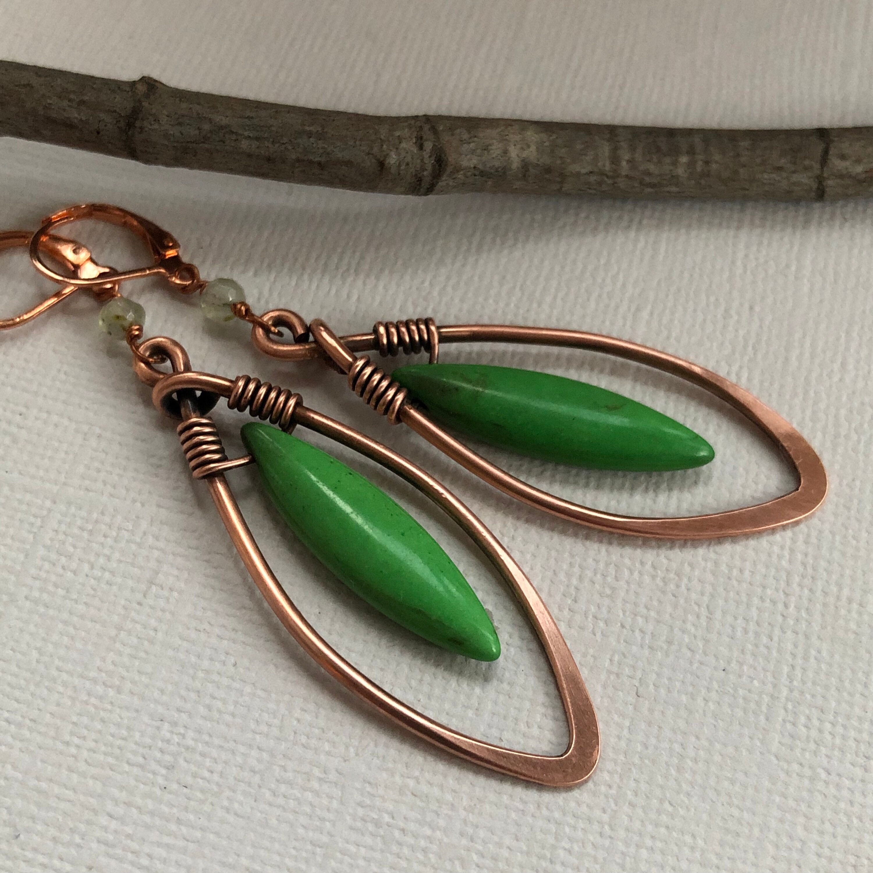 Handmade Copper Dangle Earrings: Neon Green Howlite Gemstone