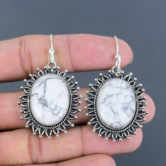 Handmade Howlite Drop Earrings: 925 Sterling Silver Gemstone Jewelry Handmade Howlite Drop Earrings: 925 Sterling Silver Gemstone Jewelry
