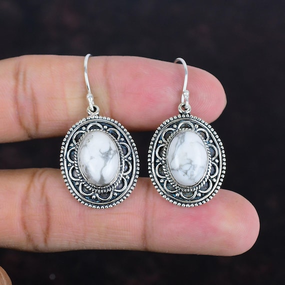 Handmade Howlite Earrings: Vintage 925 Sterling Silver Gemstone Jewelry