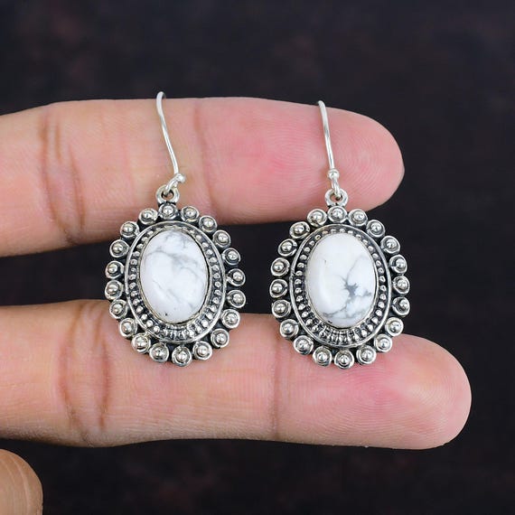 Handmade Howlite Earrings: Vintage 925 Sterling Silver Gemstone Jewelry