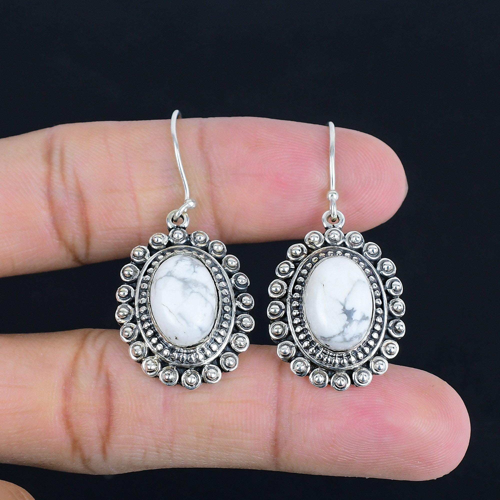 Handmade Howlite Earrings: Vintage 925 Sterling Silver Gemstone Dangles