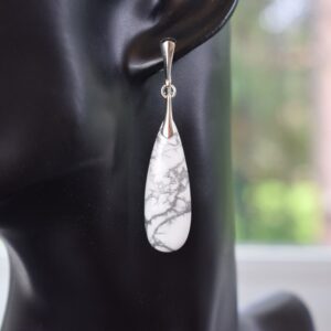 Howlite Long Drop Earrings - Natural Semi Precious Stone With Sterling Silver - Ooak