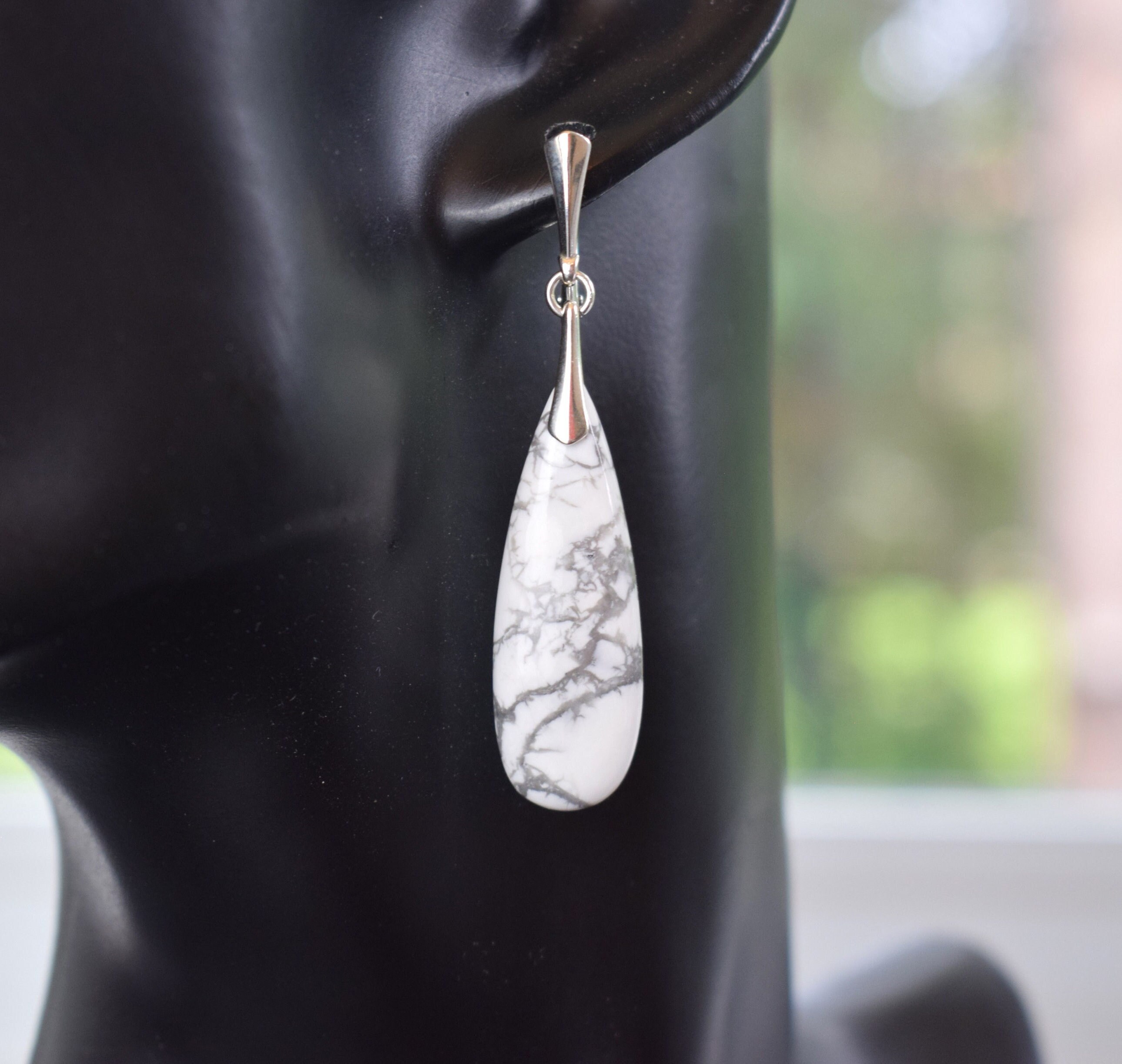 Howlite Long Drop Earrings - Natural Semi Precious Stone With Sterling Silver - Ooak