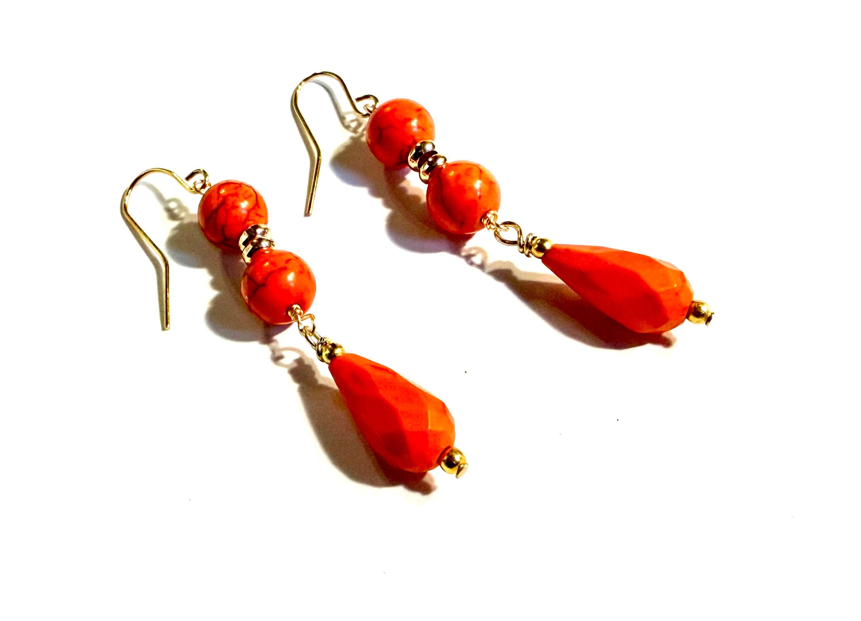 Orange Howlite Earrings - Gold Jewelry - Hipster Jewellery - Gemstone - Handmade - Gift - Carmal - Pierced - Dangle