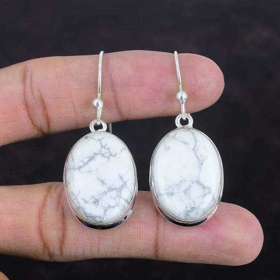 Howlite Earrings: Oval Gemstone, 925 Sterling Silver, Handmade