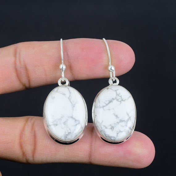 Oval Howlite Earrings: Handmade 925 Sterling Silver Dangle Jewelry