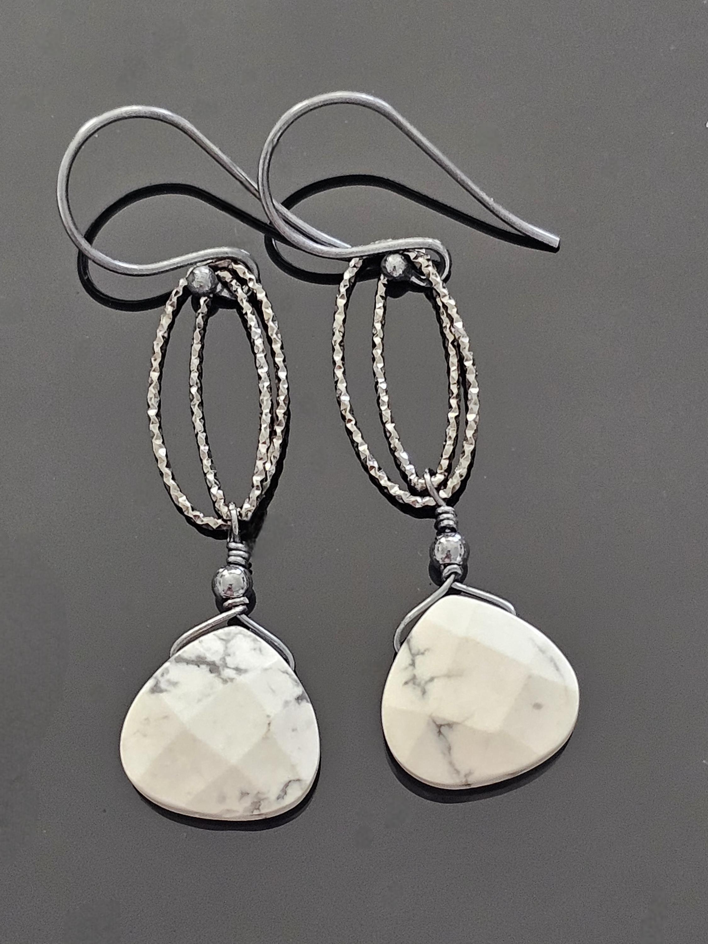 Oxidized Sterling Silver Earrings And Faceted Howlite Briolettes Oxidized Sterling Silver Earrings And Faceted Howlite Briolettes