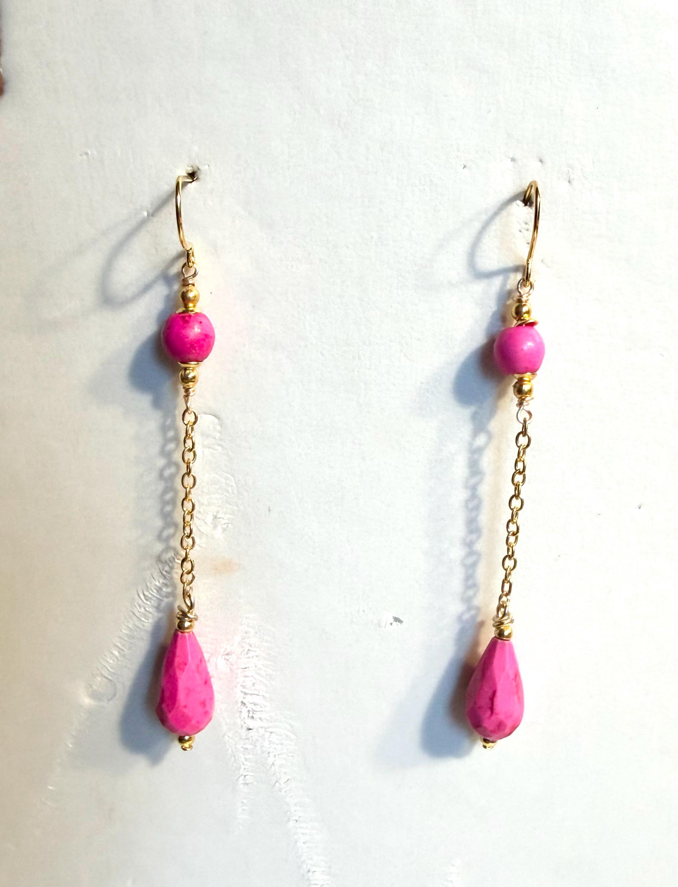 Pink Howlite Earrings - Gold Jewelry - Hipster - Modern - Gemstone - Chain - Dangle - Pierced - Handmade - Gift - Carmal