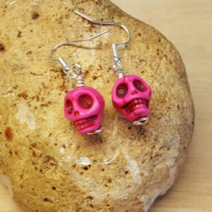 Pink Skull Earrings. Halloween Earrings. Howlite Earring. Reiki Jewelry Uk. Gemini Jewelry.