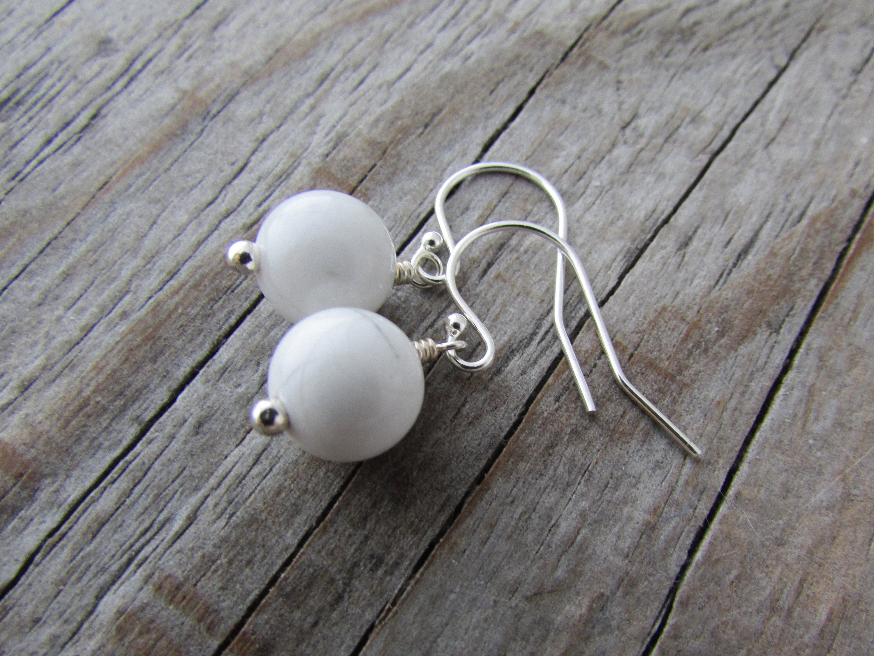 Howlite Earrings, Simple White Gemstone, Dangle Earrings, Sterling Silver