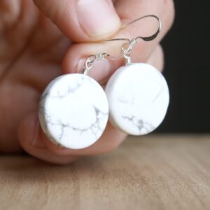 Sterling Silver Howlite Earrings: Large White Gemstone Dangle