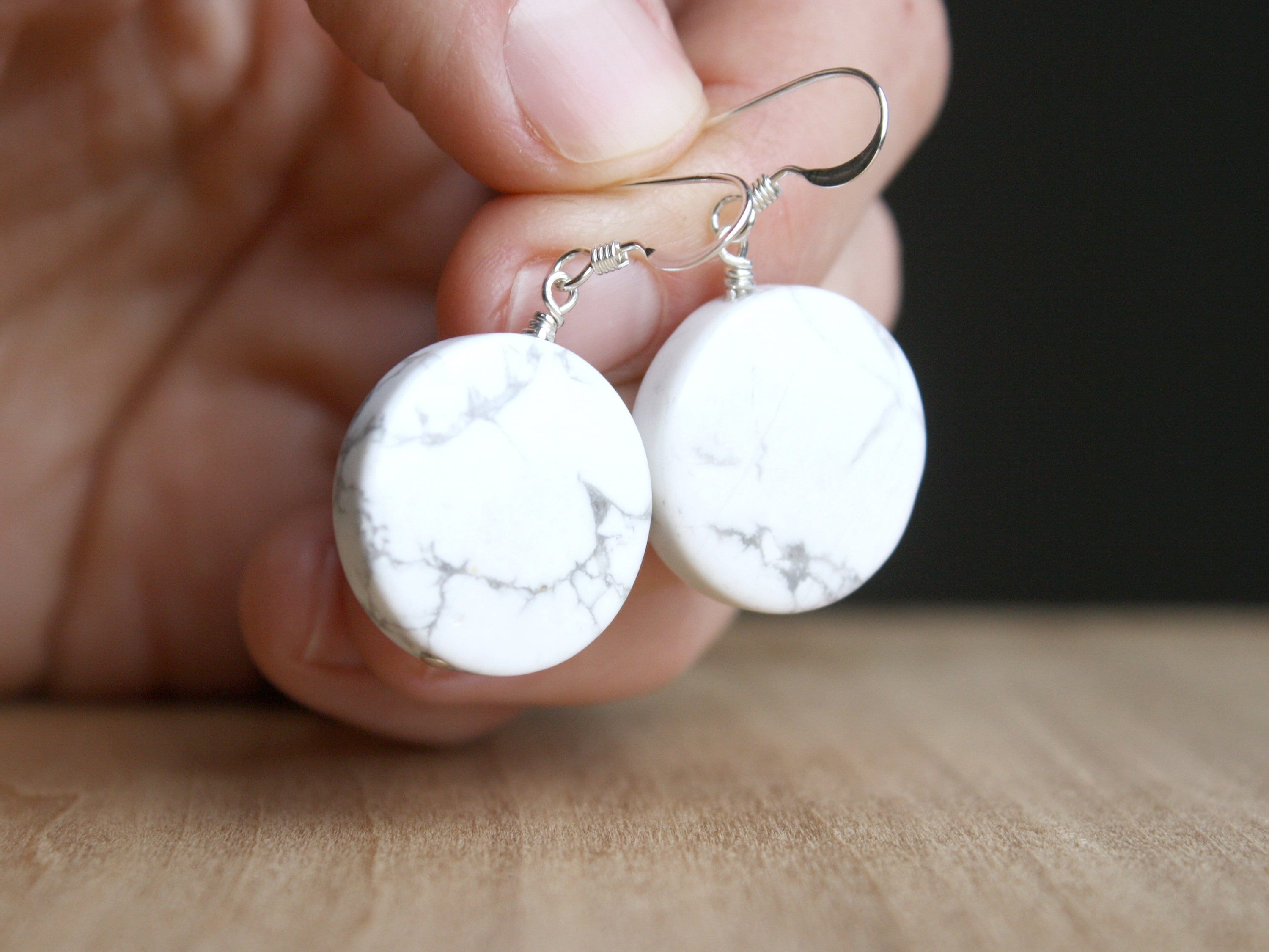 Sterling Silver Howlite Earrings: Large White Gemstone Dangle
