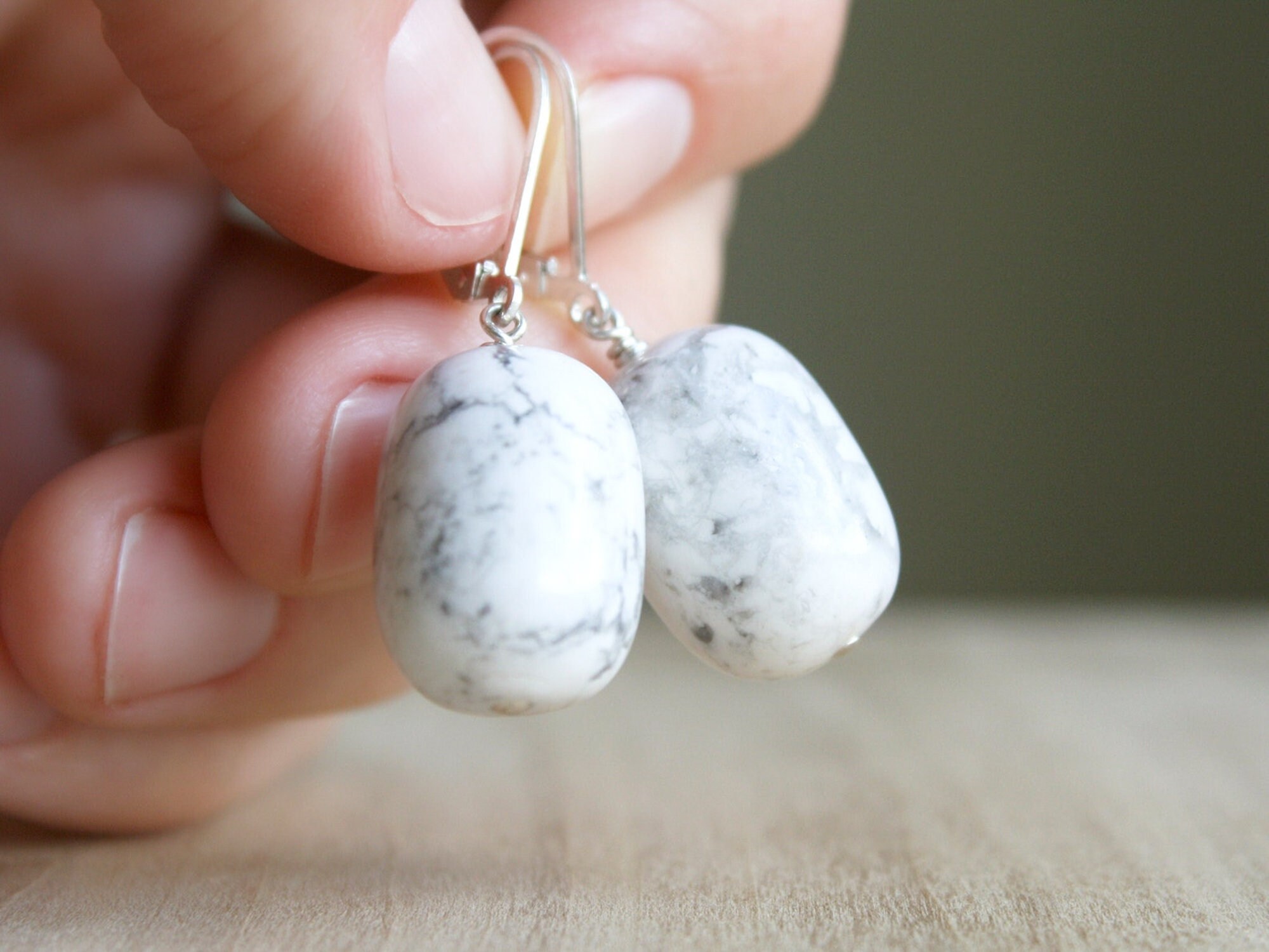 Sterling Silver Howlite Earrings: Natural Gemstone Leverback Dangles