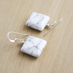Sterling Silver Howlite Earrings: Square Dangle, Anxiety Relief