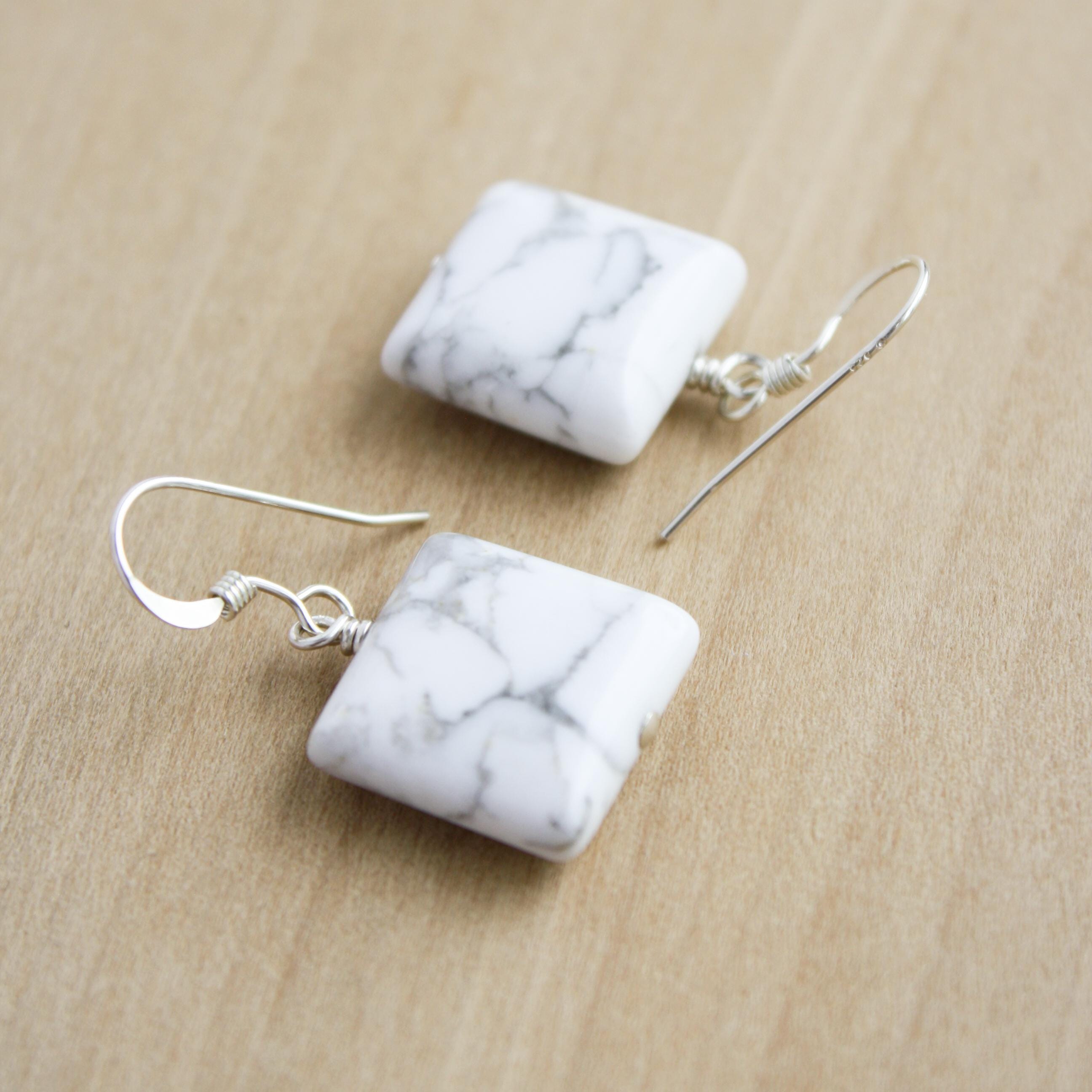 Sterling Silver Howlite Earrings: Square Dangle, Anxiety Relief
