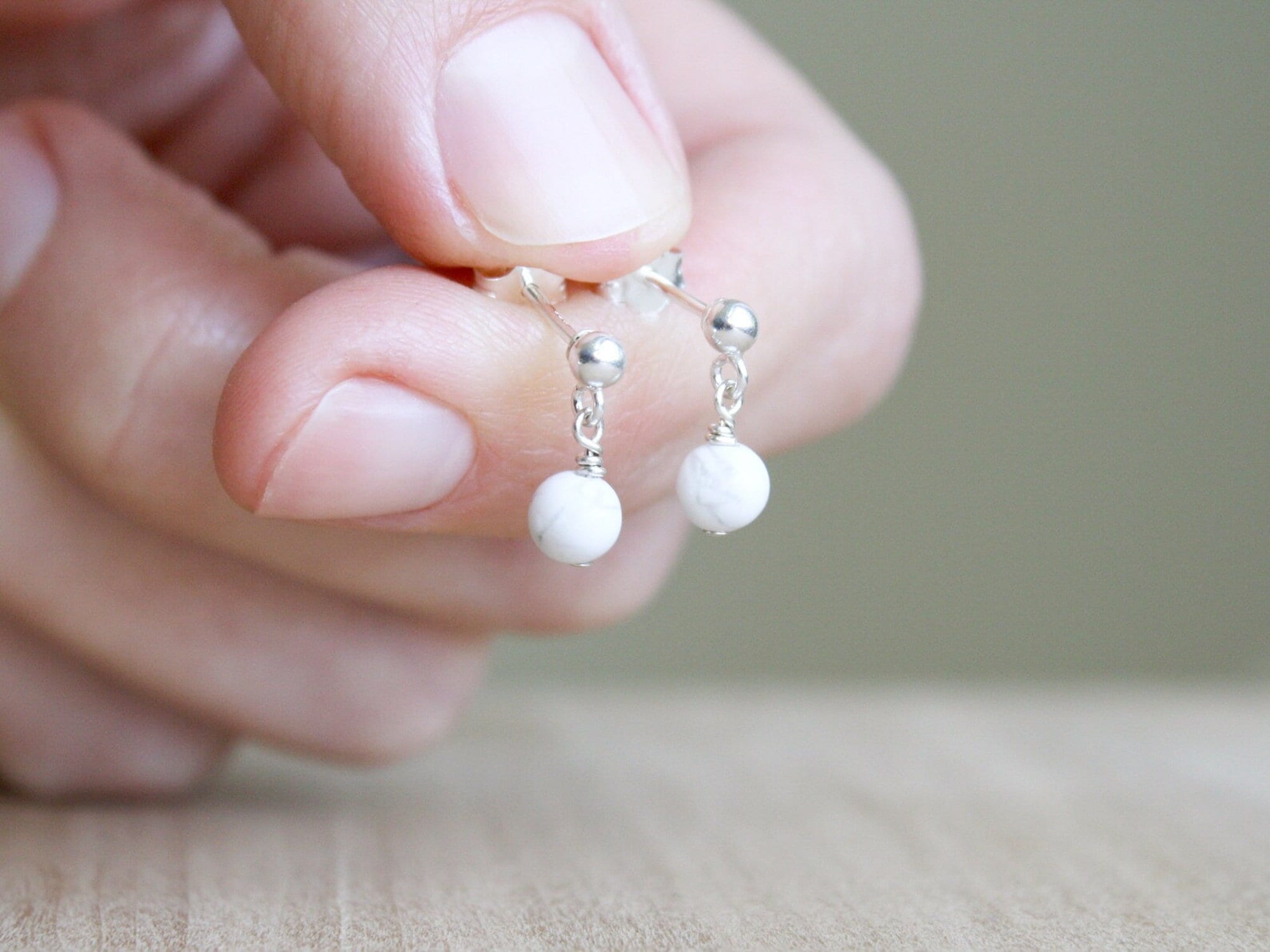 Sterling Silver Howlite Earrings: White Stone Studs, Anxiety Relief