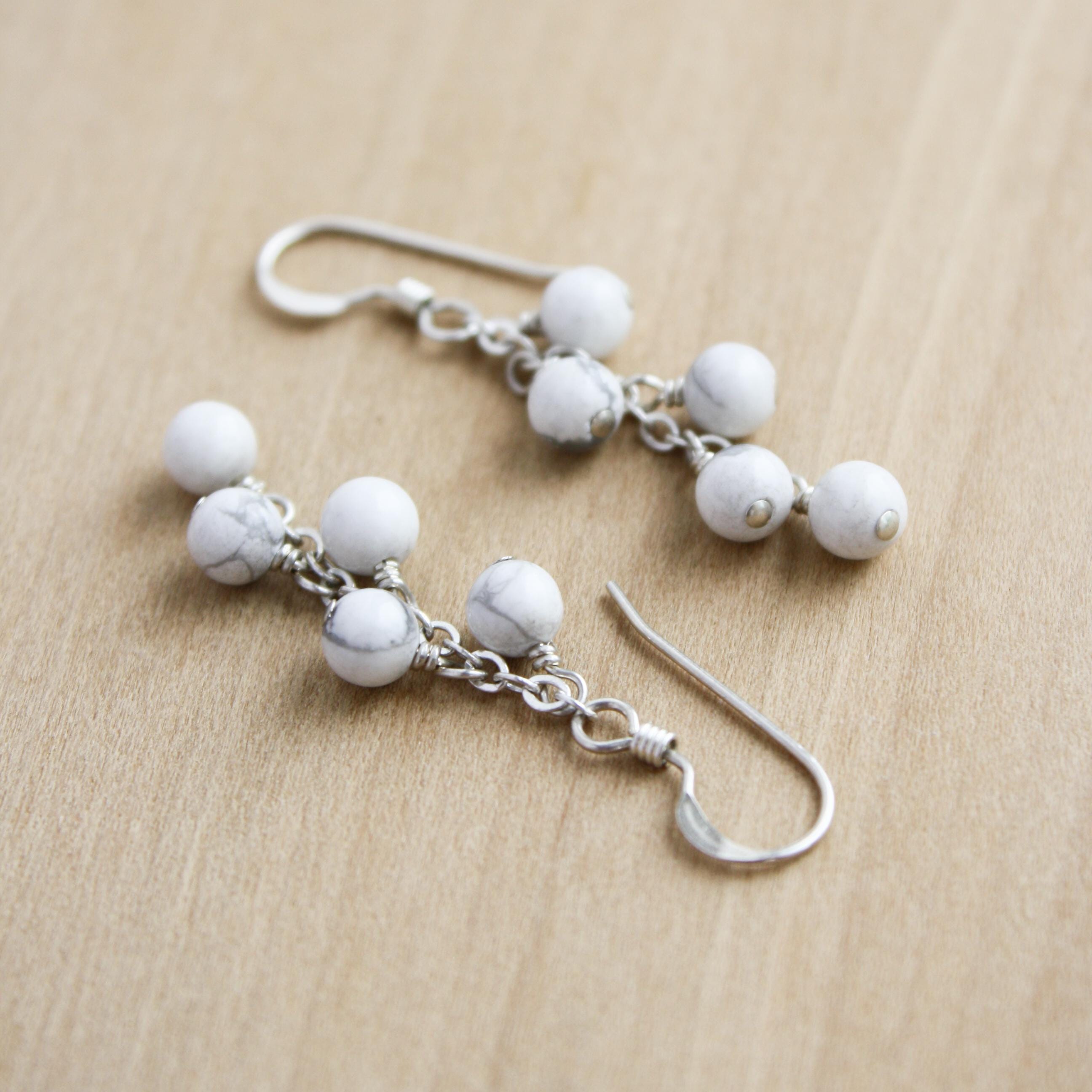 Sterling Silver White Howlite Earrings: Gemstone Dangle Cluster