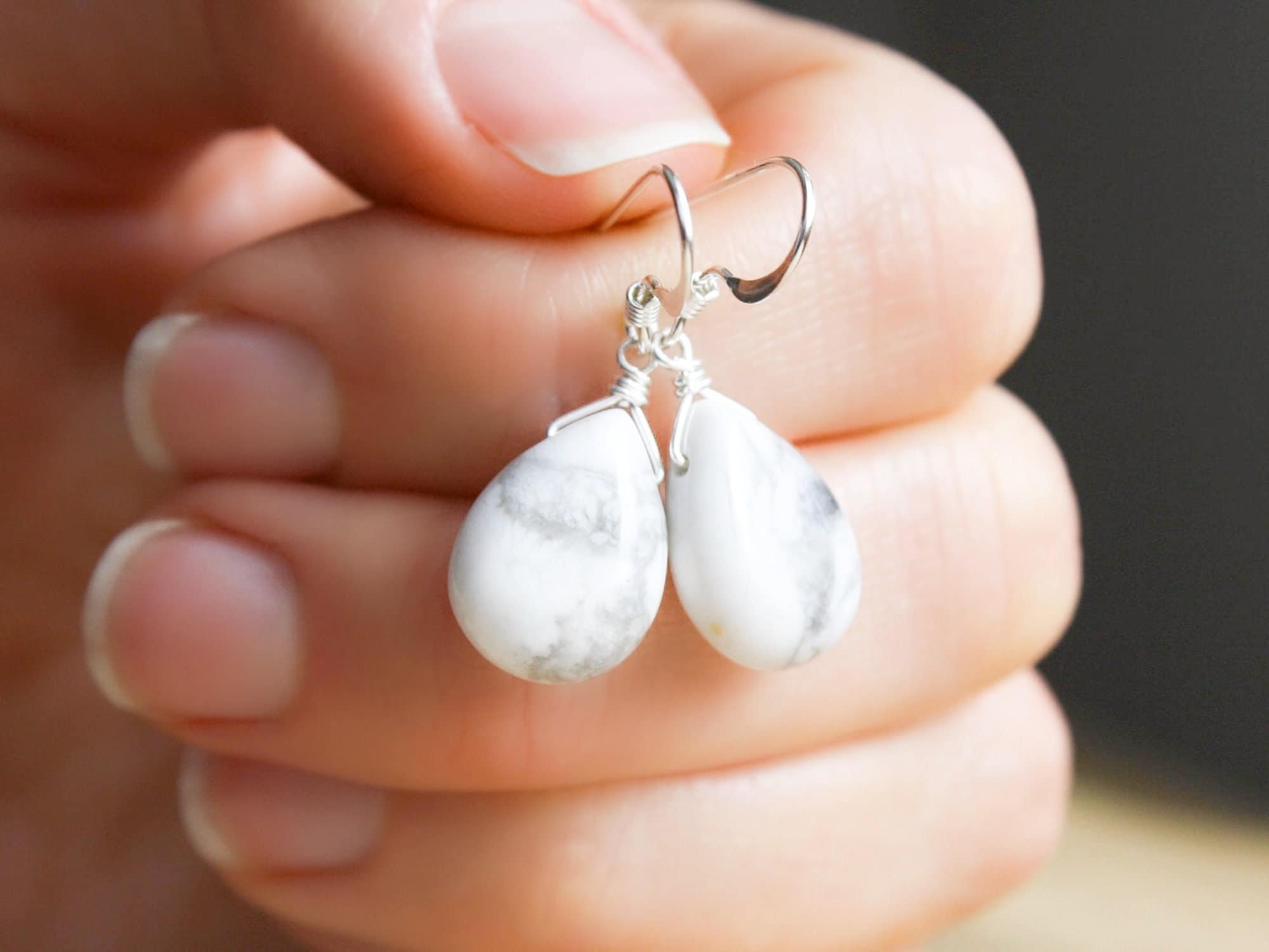 Sterling Silver White Howlite Teardrop Earrings: Anxiety Relief Jewelry Sterling Silver White Howlite Teardrop Earrings: Anxiety Relief Jewelry