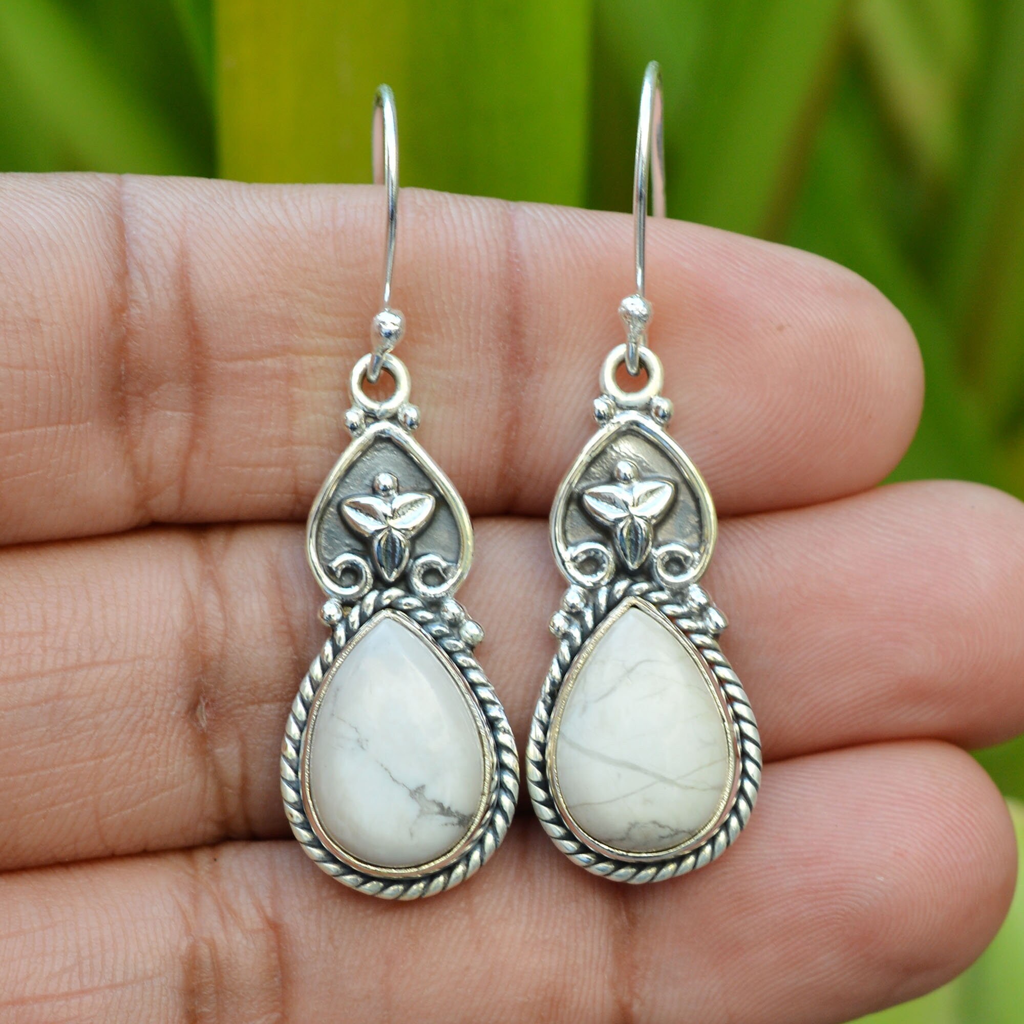 White Howlite Dangle Earrings: 925 Sterling Silver Gemstone Earrings