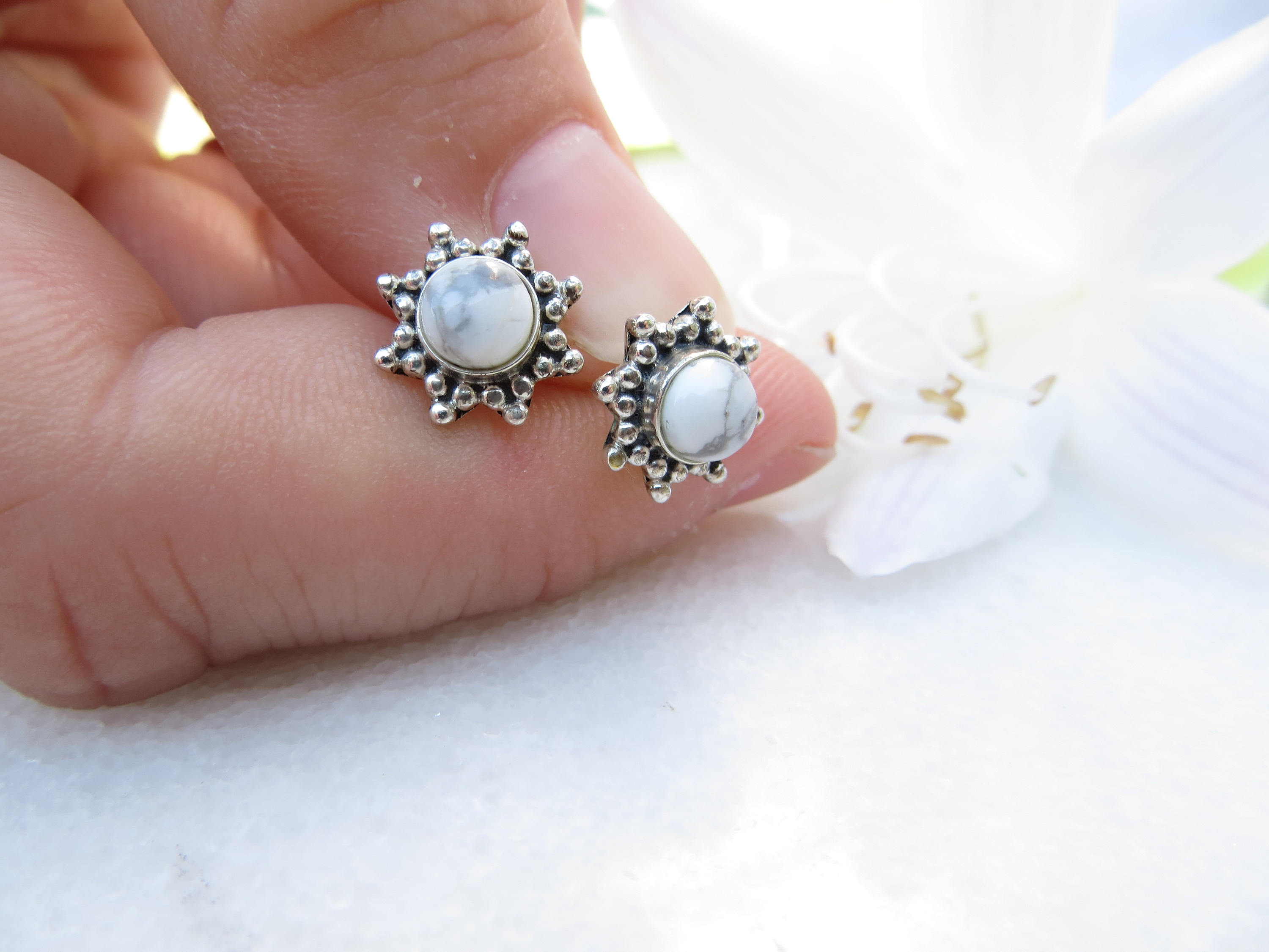 White Howlite Sterling Silver Stud Earrings, Southwest Flair White Howlite Sterling Silver Stud Earrings, Southwest Flair