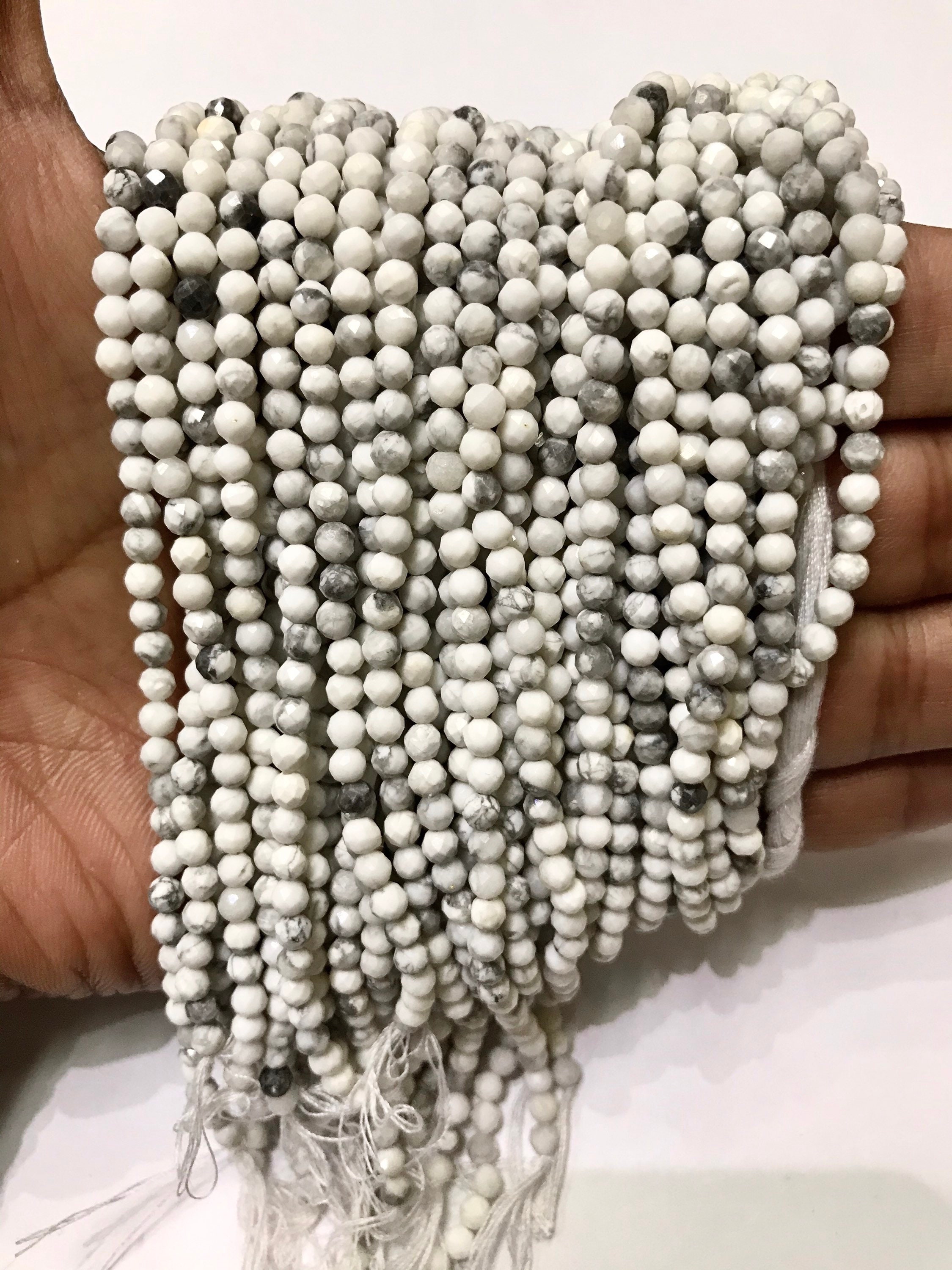 10 Strands Of Extremely Rare 3.8mm Natural White Howlite Faceted Micro Cut Beads.exclusive 3.8mm 13” Rondelle Shape White Howlite Starnd