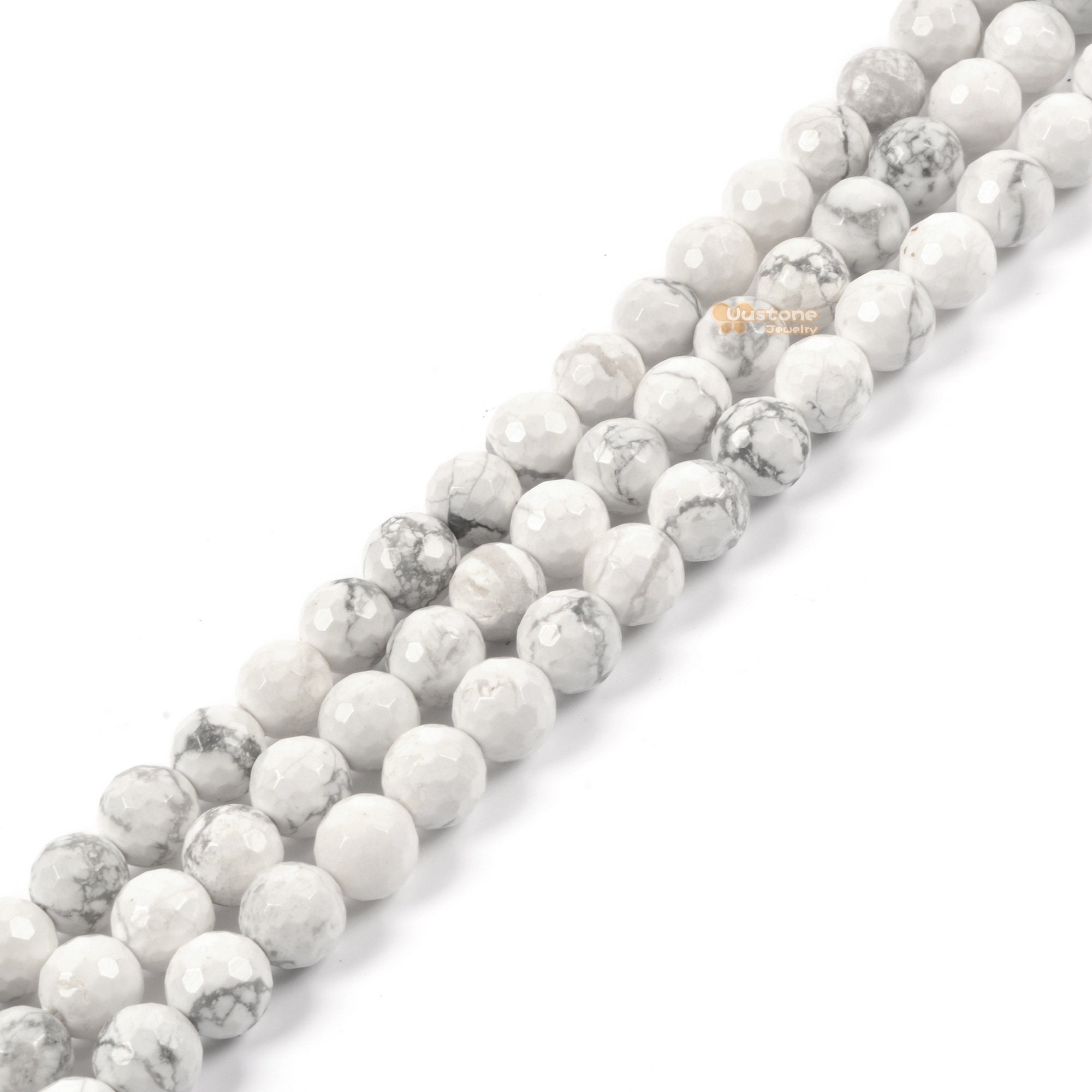 8mm Faceted White Howlite Round Ball Loose Beads Gemstone Bead Jewelry Making Handmade Strand