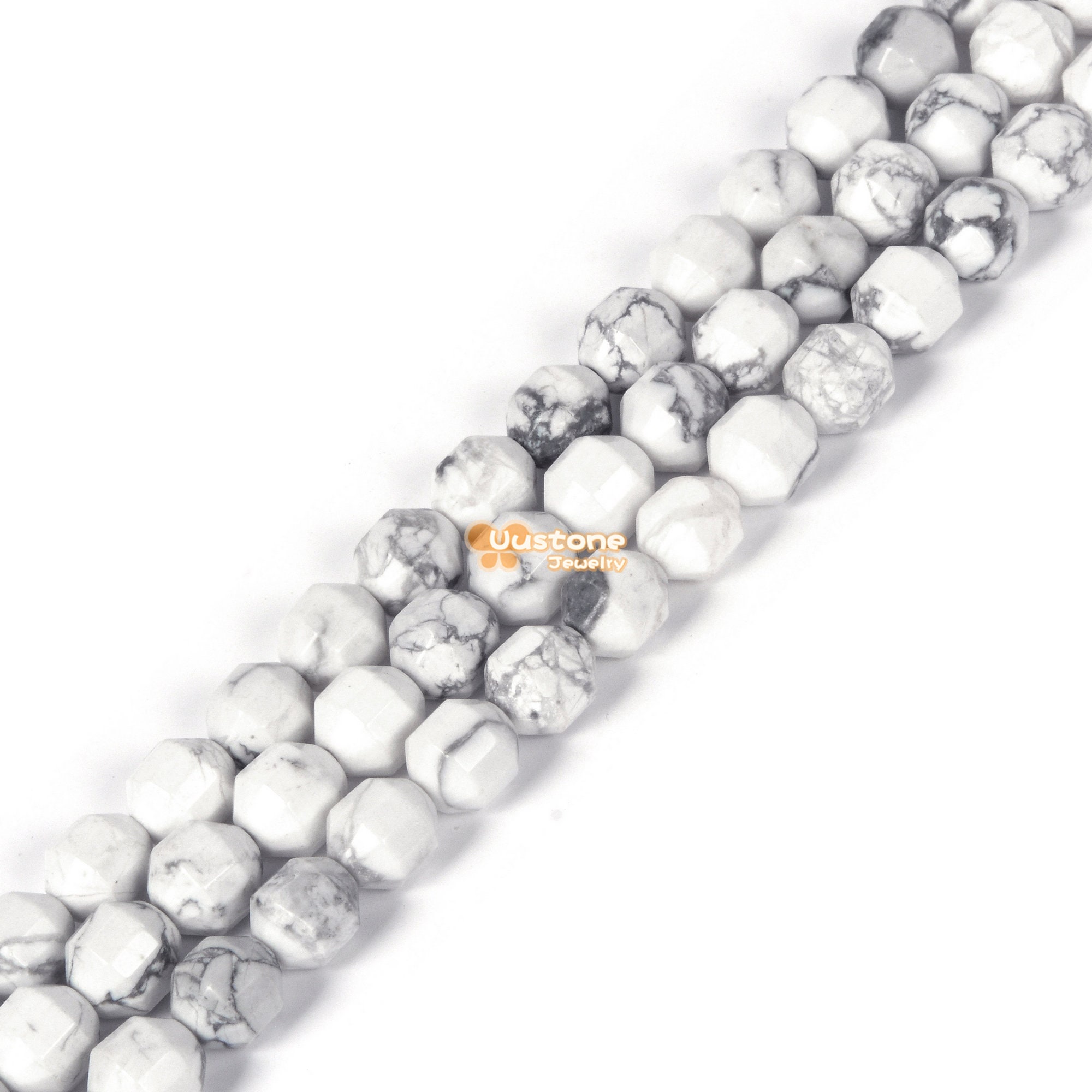 Natural White Howlite 8mm Faceted Double Cone Roller Loose Beads 15 Inch For Diy Jewelry Making Beads