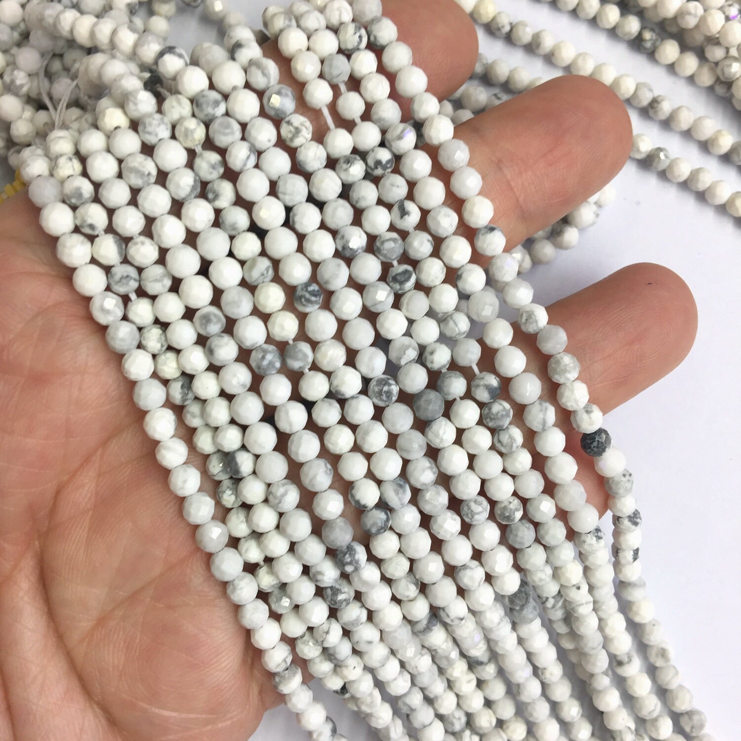 Tiny White Howlite Beads Micro Faceted 2mm 3mm 4mm, Natural Small Howlite Round Beads, White Gray Gemstone Beads, Tiny Howlite Spacer Beads
