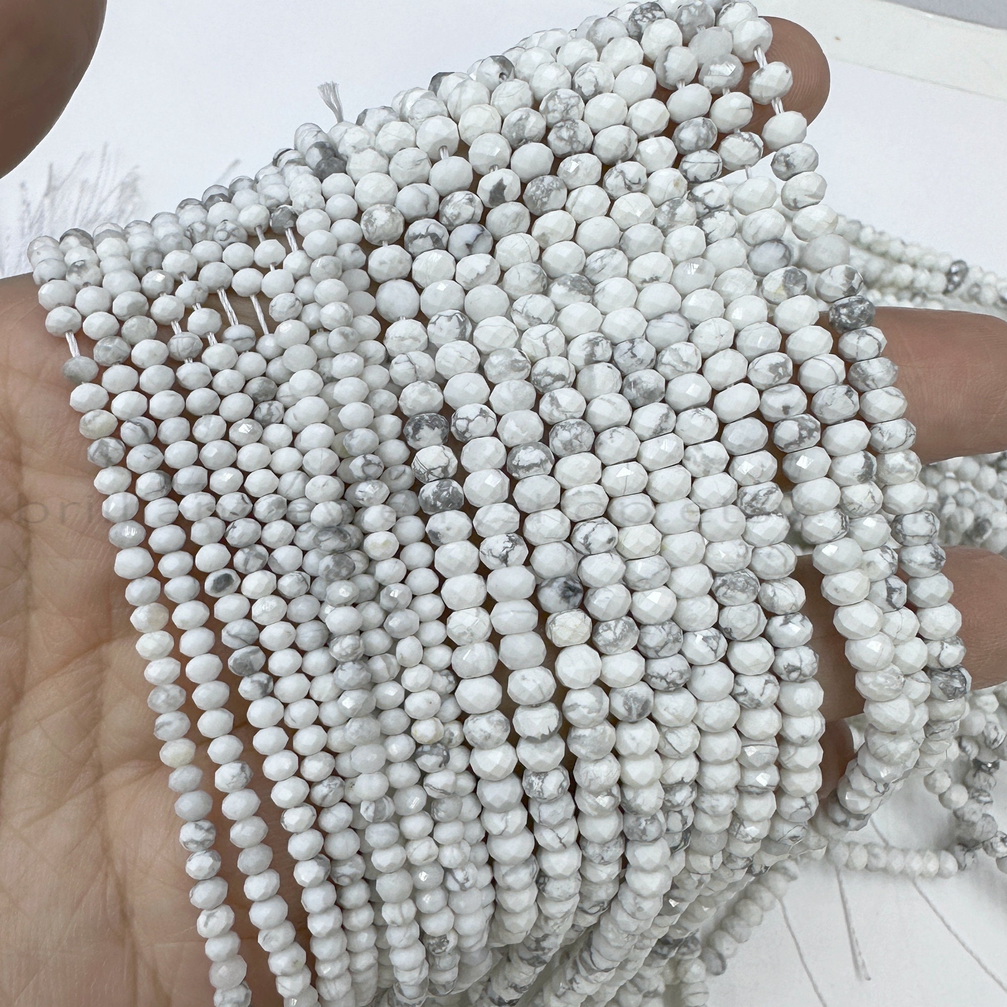 Tiny White Howlite Rondelle Beads Micro Faceted 3x2mm 4x3mm, Natural Small Howlite Round Beads, White Gray Gemstone Beads, Howlite Spacers