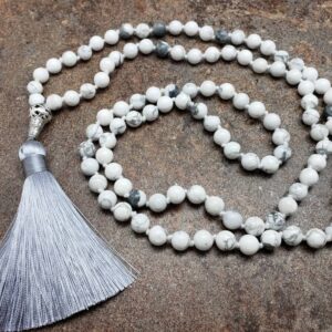108 Mala Bead Necklace With Tassel, Hand-knotted 8mm Howlite