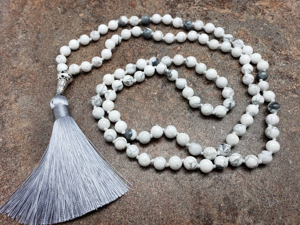 108 Mala Bead Necklace With Tassel, Hand-knotted 8mm Howlite