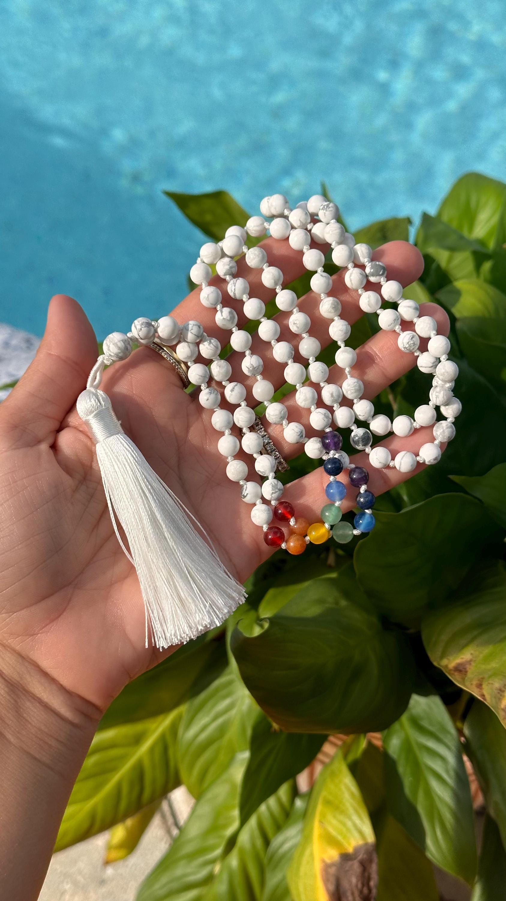 7 Chakra Stone And White Howlite Mala Necklace With Silk Thread