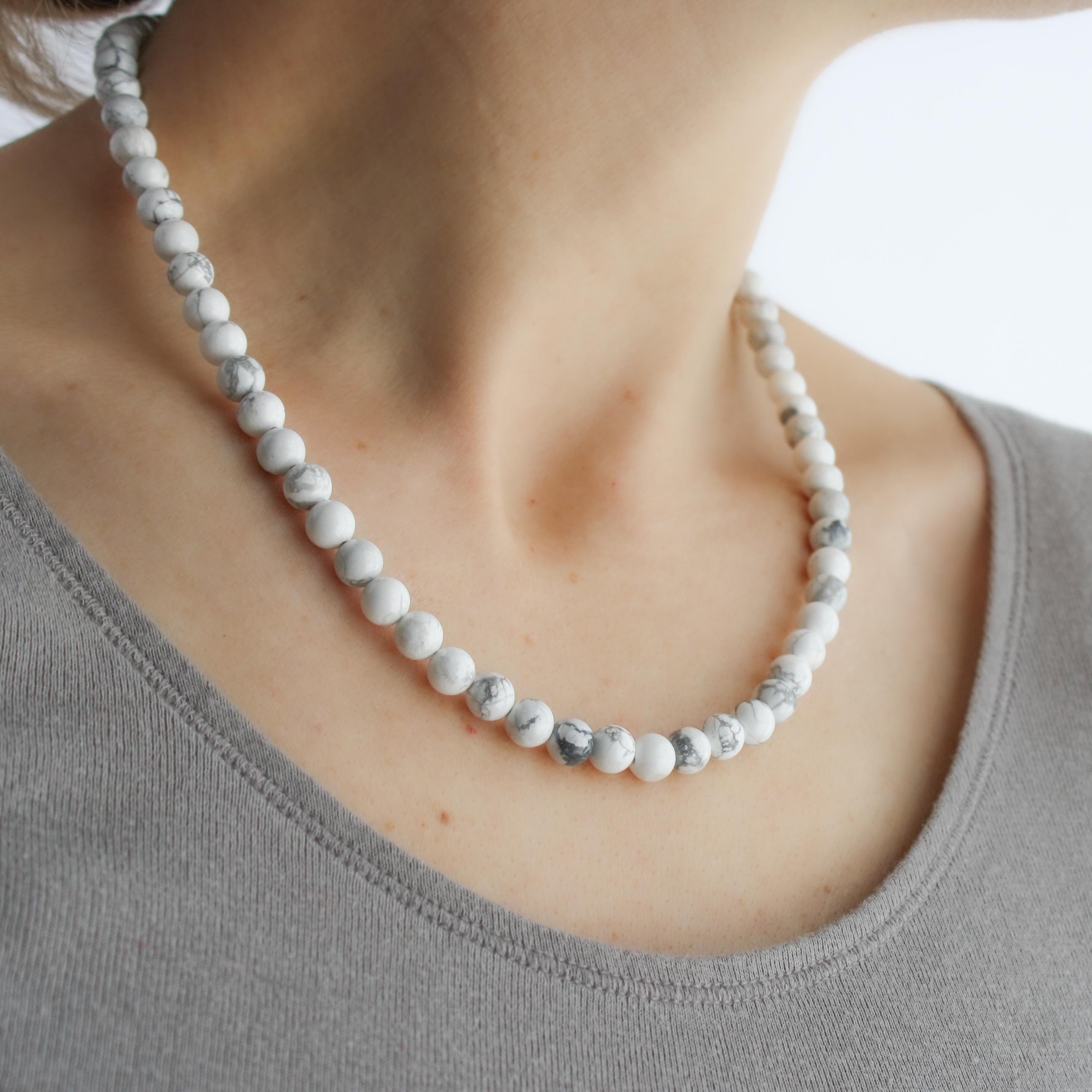 Howlite Beaded Necklace: Sterling Silver Clasp, Calming Stone Howlite Beaded Necklace: Sterling Silver Clasp, Calming Stone