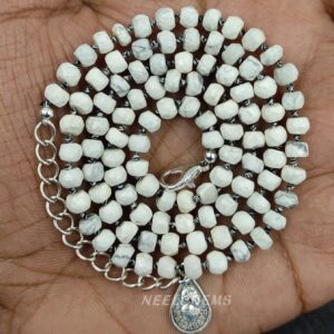 Howlite Necklace, Hand Knotted Natural Gemstone Jewelry, White Marble Stone Silk Choker, Adjustable Length, Calming Anxiety Gift For Her