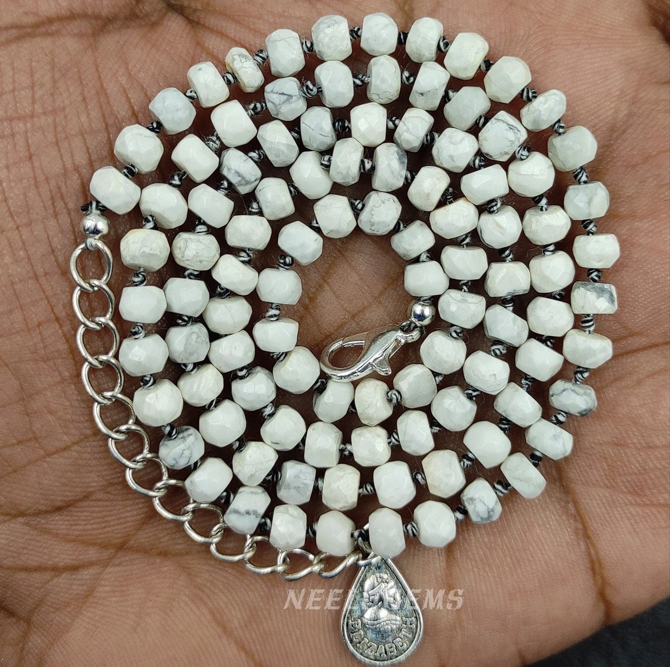 Howlite Necklace, Hand Knotted Natural Gemstone Jewelry, White Marble Stone Silk Choker, Adjustable Length, Calming Anxiety Gift For Her