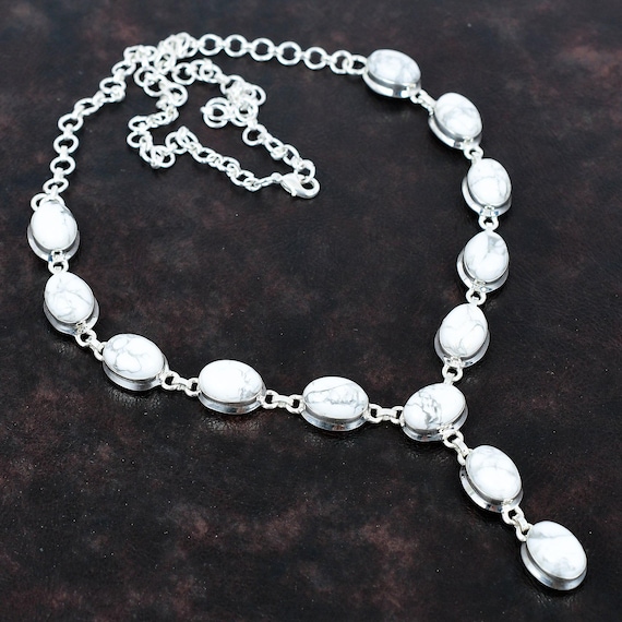 Handmade Howlite Gemstone Necklace: 925 Sterling Silver, Adjustable Chain Handmade Howlite Gemstone Necklace: 925 Sterling Silver, Adjustable Chain