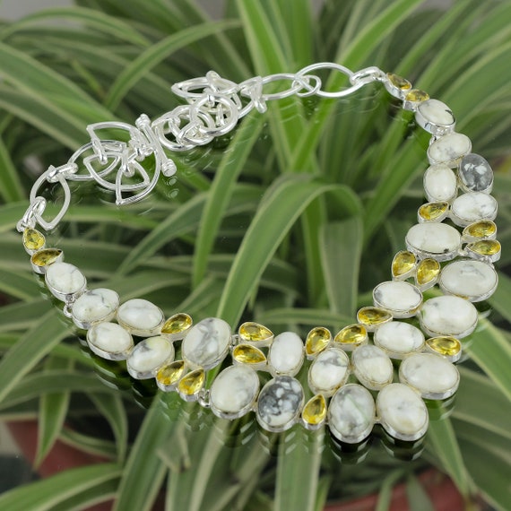 Handmade Howlite & Lemon Quartz Necklace: Sterling Silver Adjustable Chain