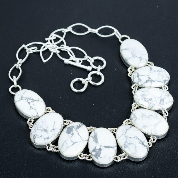 Handmade Howlite Necklace: Oval Gemstone, 925 Sterling Silver, Adjustable Chain Handmade Howlite Necklace: Oval Gemstone, 925 Sterling Silver, Adjustable Chain