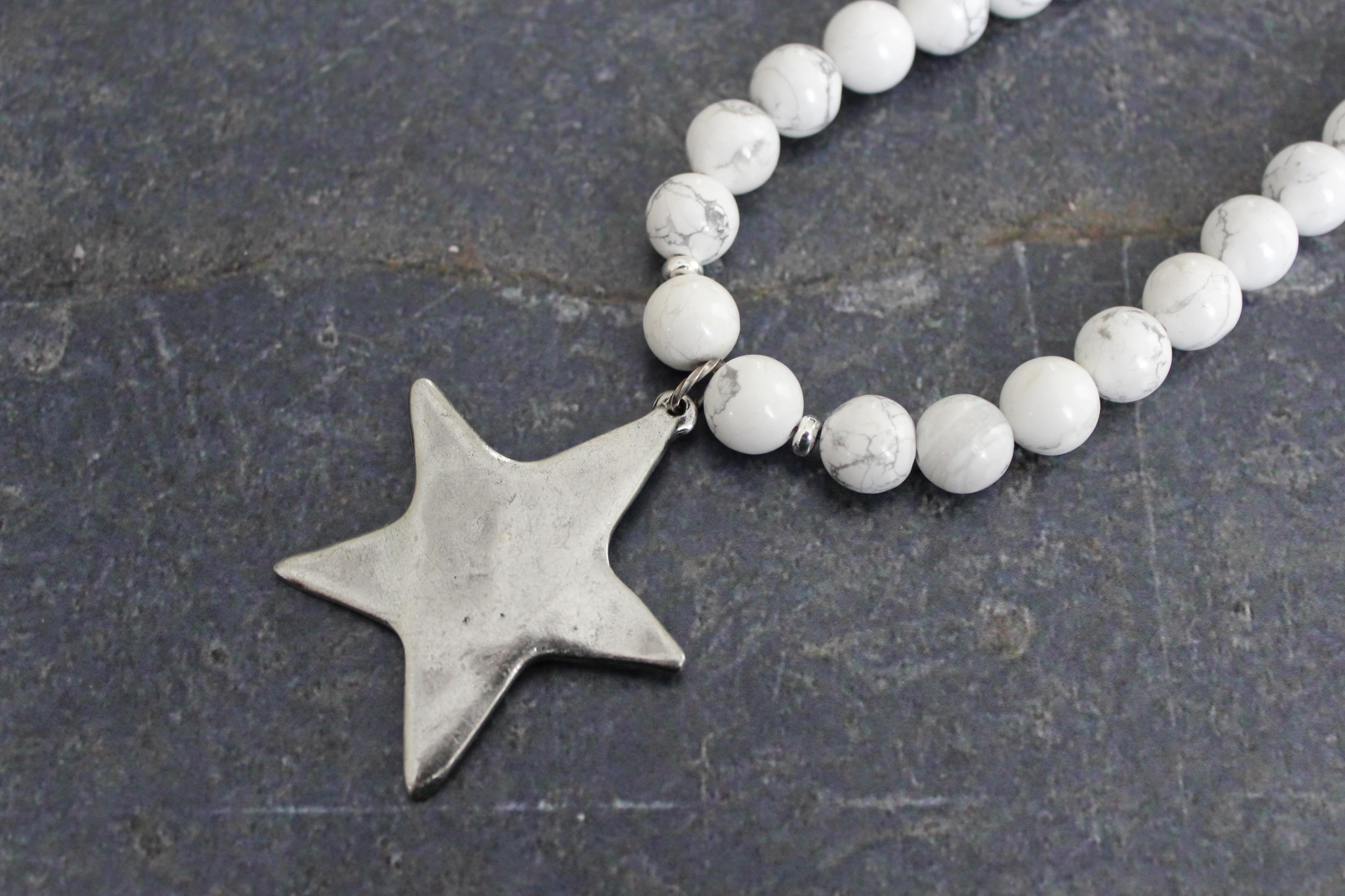 Large Silver Star White Howlite Necklace