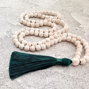 Long Mala Necklace, Beige Howlite Mala Beaded Necklace, Green Tassel, Hand Knotted Necklace, Yoga Spiritual Jewelry for Man for Women Gift
