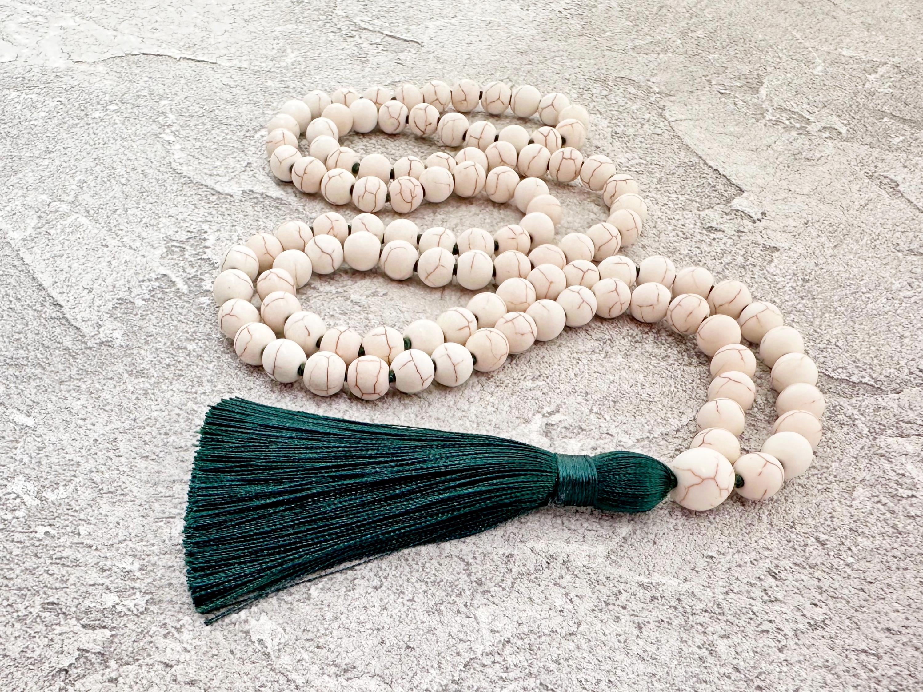 Long Mala Necklace, Beige Howlite Mala Beaded Necklace, Green Tassel, Hand Knotted Necklace, Yoga Spiritual Jewelry For Man For Women Gift