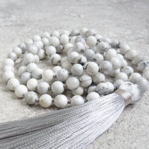 Howlite Mala, 108 Mala Necklaces, 6mm Mala Beads, White Mala, Gray Mala, Hand Knotted, Grey Tassel Necklace, Yoga Gift, Boho Jewelry Gift