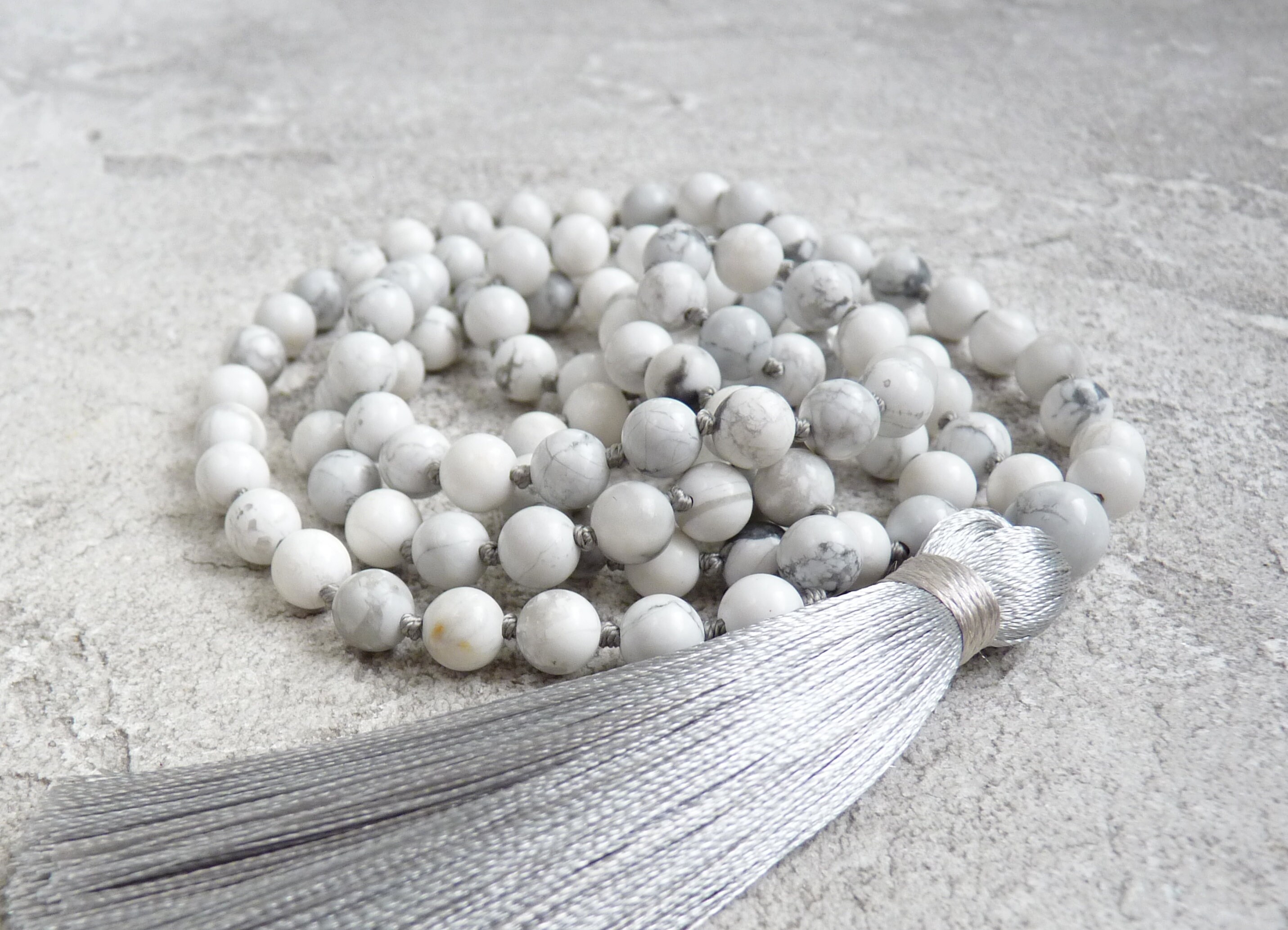 Howlite Mala, 108 Mala Necklaces, 6mm Mala Beads, White Mala, Gray Mala, Hand Knotted, Grey Tassel Necklace, Yoga Gift, Boho Jewelry Gift