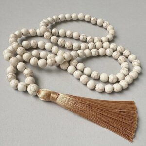 Howlite Mala Necklace, Hand Knotted Tassel Necklace, Yoga Meditation Necklace, 108 Mala Necklaces, Biege Long Necklace, Mans Womens Gift Howlite Mala Necklace, Hand Knotted Tassel Necklace, Yoga Meditation Necklace, 108 Mala Necklaces, Biege Long Necklace, Mans Womens Gift