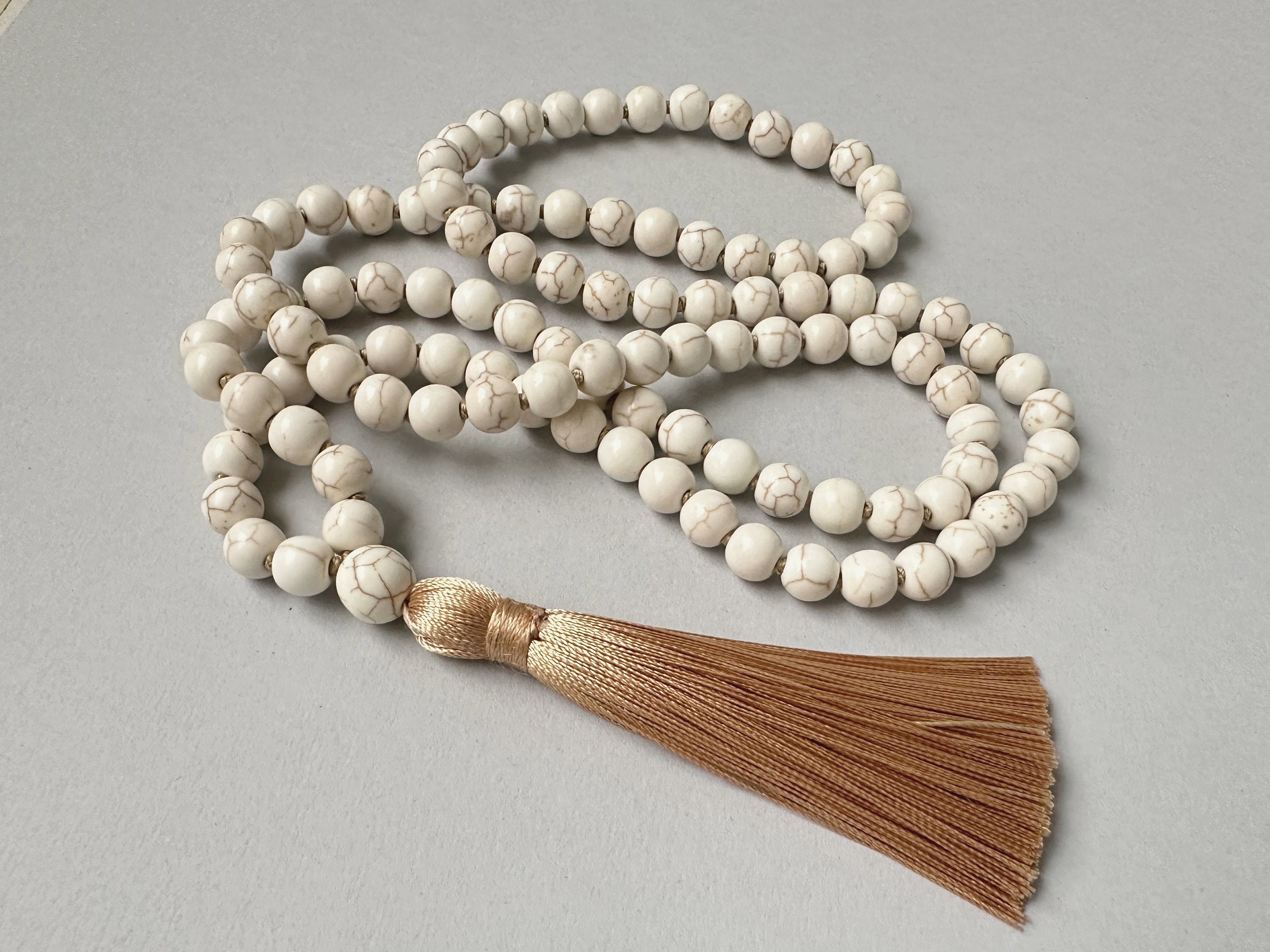Howlite Mala Necklace, Hand Knotted Tassel Necklace, Yoga Meditation Necklace, 108 Mala Necklaces, Biege Long Necklace, Mans Womens Gift