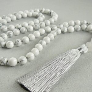 Howlite Mala Necklaces Hand Knotted Grey Tassel Necklace for Man Women Gift White Necklace Yoga Meditation Necklace 108 Mala Bead Necklace Howlite Mala Necklaces Hand Knotted Grey Tassel Necklace for Man Women Gift White Necklace Yoga Meditation Necklace 108 Mala Bead Necklace