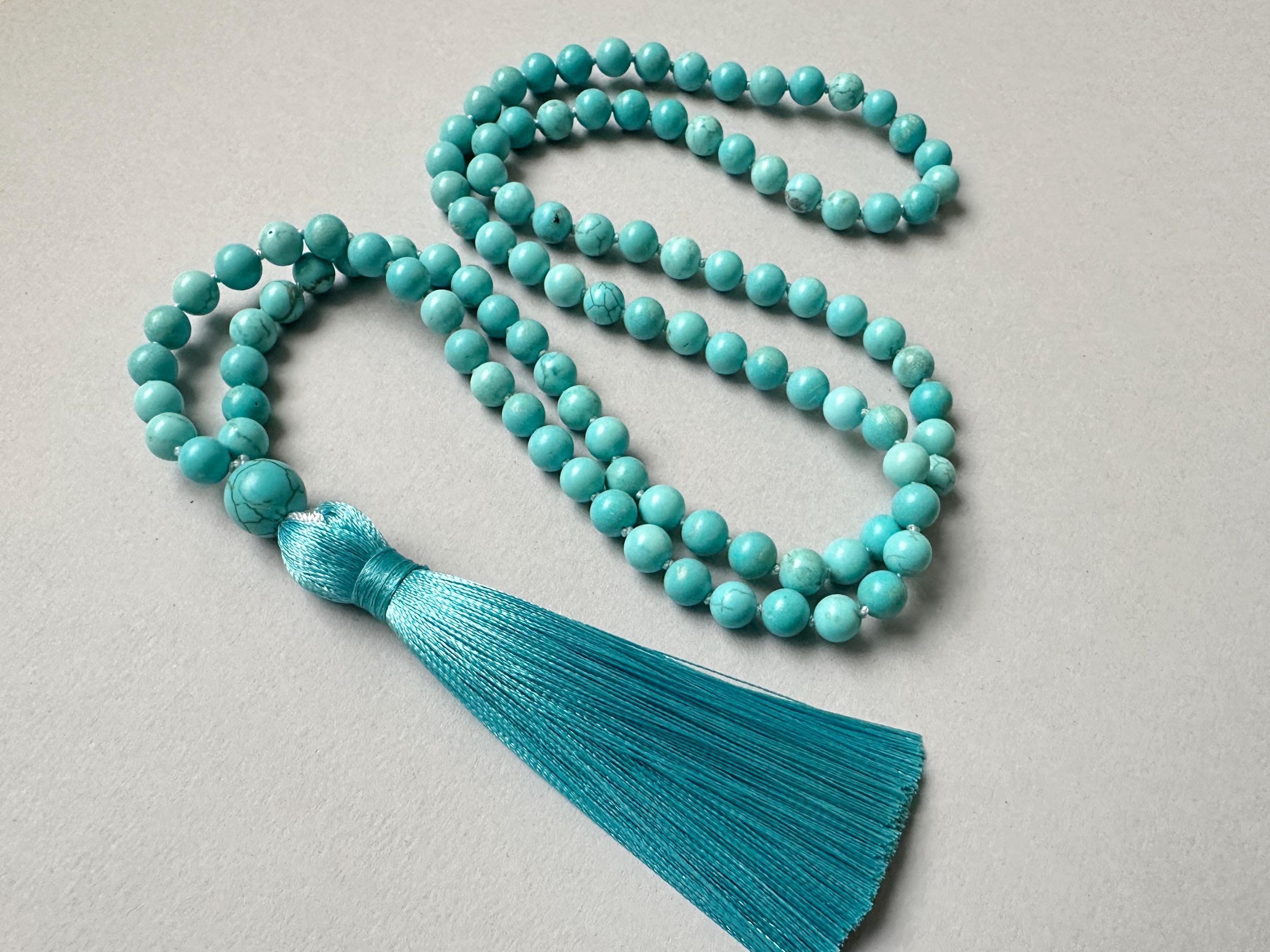 Howlite Necklace, Mint Howlite Long Necklace, Hand Knotted Necklace, Green Mint Tassel Beaded Necklace, 108 Mala Necklace